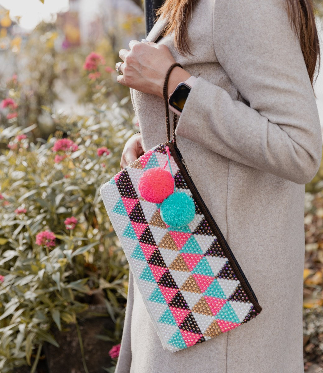 Bedazzled Multicolor Wayuu Clutch with Pompons