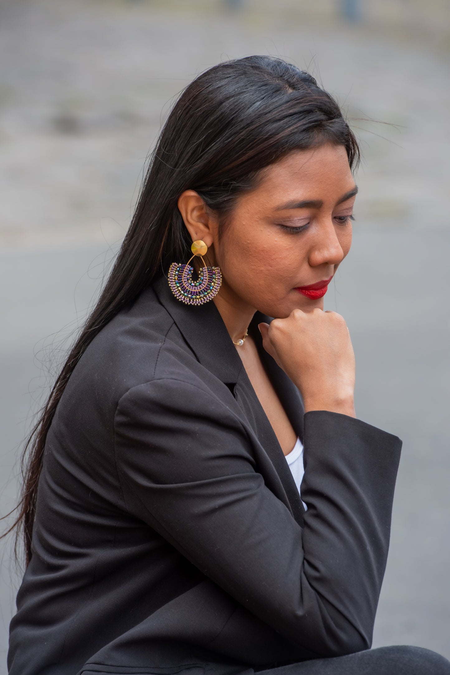 Lila & gold large drop handmade earrings.