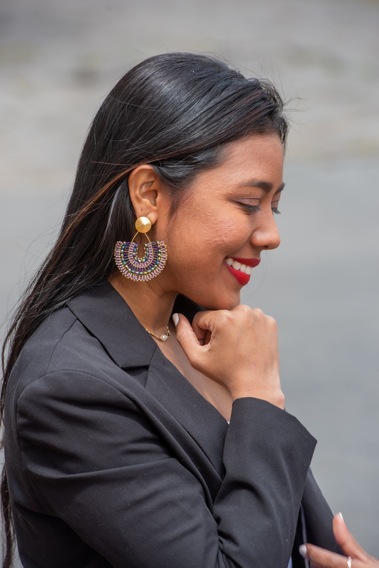 Lila & gold large drop handmade earrings.