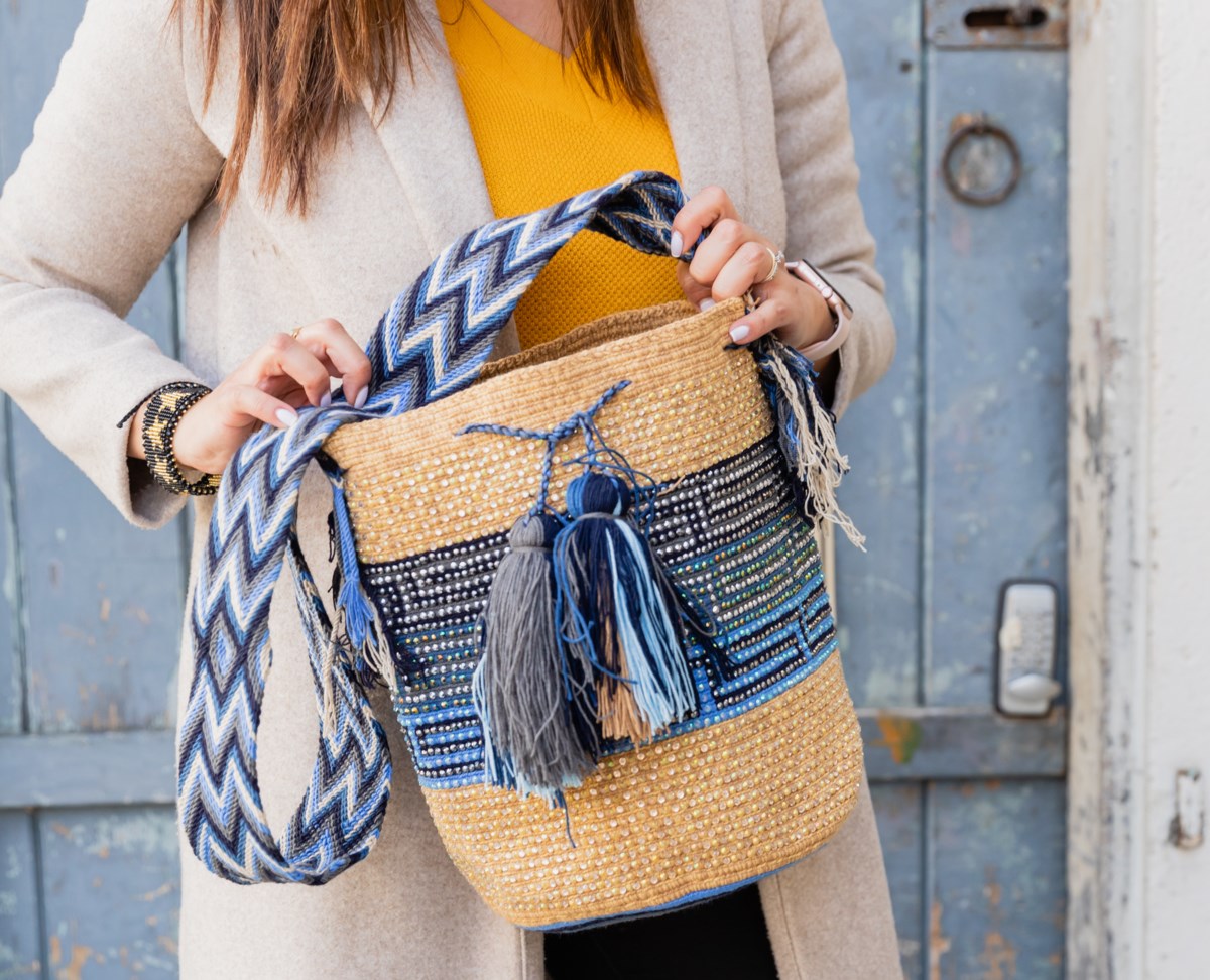 Dark and Aqua Marine Bedazzled Wayuu bag