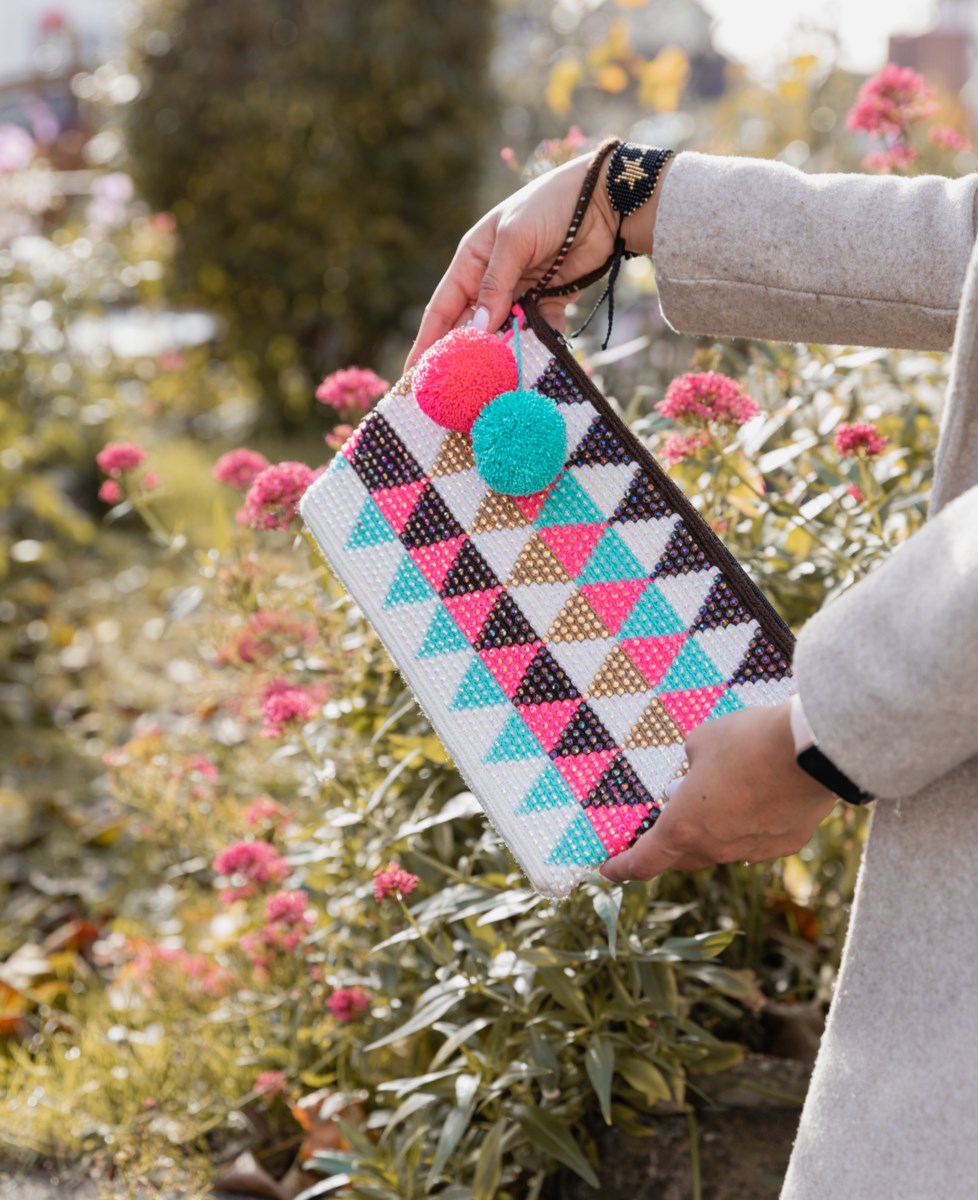 Bedazzled Multicolor Wayuu Clutch with Pompons
